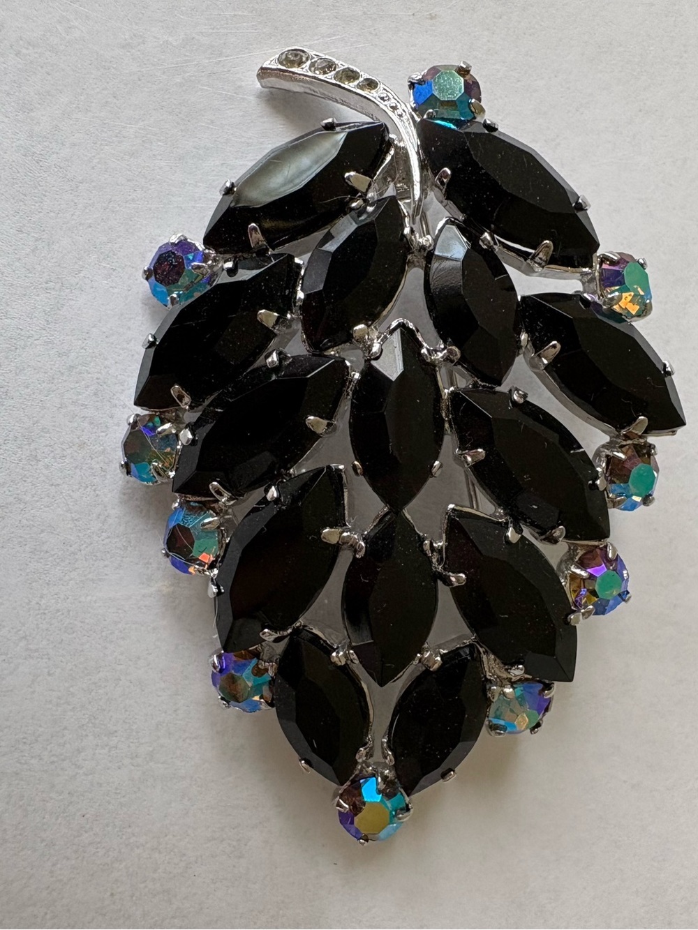 Black Leaf Rhinestone Brooch